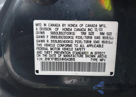 2004 Honda Pilot Ex-L z USA, uszkodzony, nr VIN 2HKYF185X4H543615